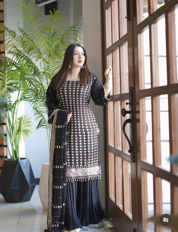 Buy Fox Georgette Embroidered Top with Sharara and Dupatta – Fully Stitched Set - Image 2