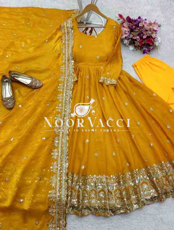 Zimmy Cho Silk Embroidered Gown with Pant and Dupatta – Fully Stitched Set - Image 3