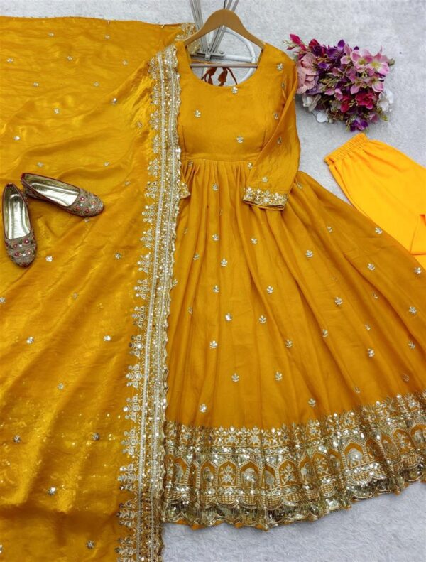 Shop Zimmy Cho Silk Embroidered Gown with Pant and Dupatta – Fully Stitched Set - Image 3