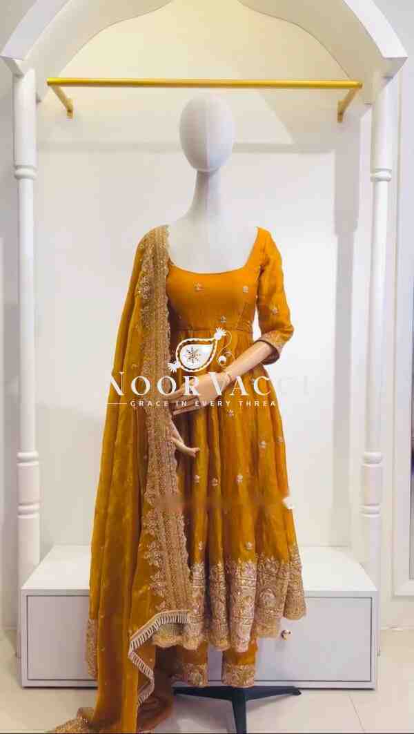 Zimmy Cho Silk Embroidered Gown with Pant and Dupatta – Fully Stitched Set