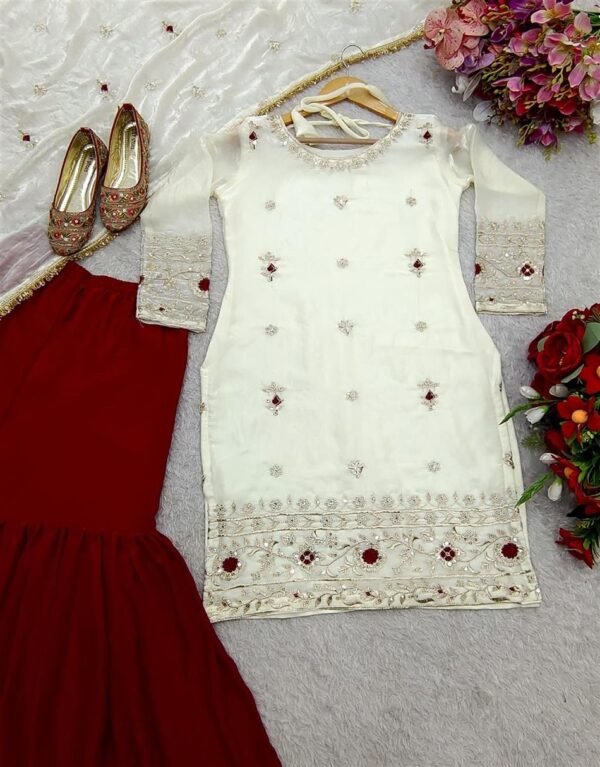 Shop Fendy Silk Embroidered Top with Sarara and Dupatta – Fully Stitched Set - Image 4