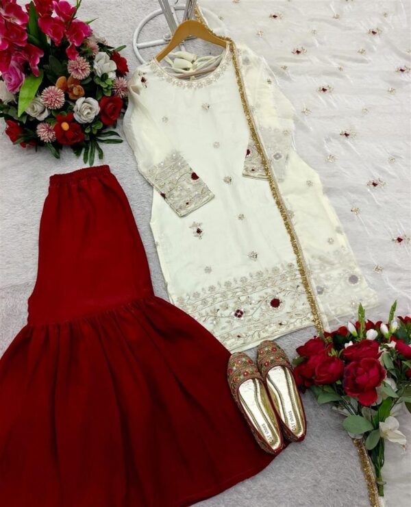 Shop Fendy Silk Embroidered Top with Sarara and Dupatta – Fully Stitched Set - Image 5