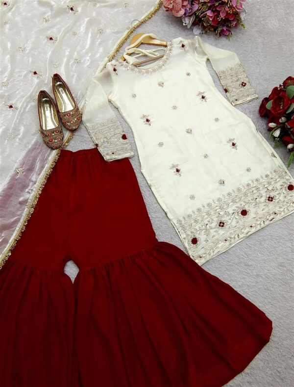Shop Fendy Silk Embroidered Top with Sarara and Dupatta – Fully Stitched Set - Image 6