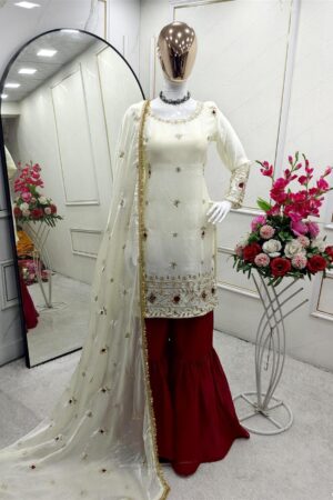 Shop Fendy Silk Embroidered Top with Sarara and Dupatta – Fully Stitched Set