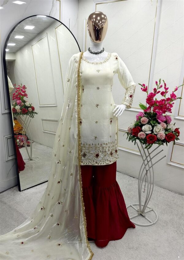 Shop Fendy Silk Embroidered Top with Sarara and Dupatta – Fully Stitched Set