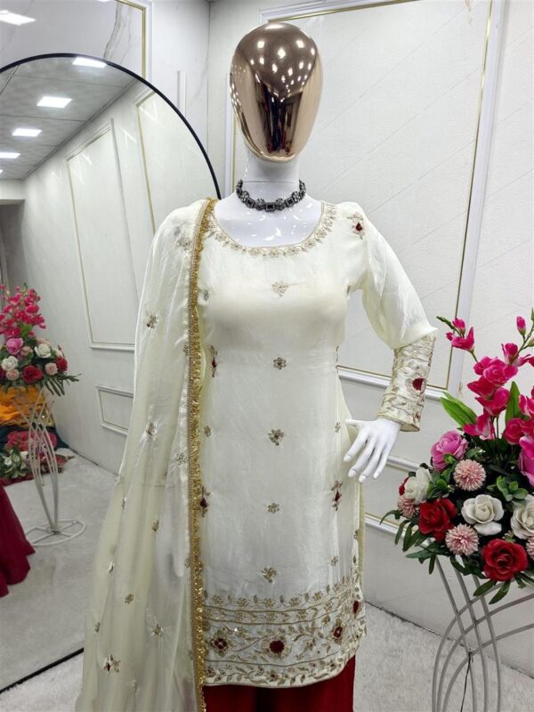Shop Fendy Silk Embroidered Top with Sarara and Dupatta – Fully Stitched Set - Image 3