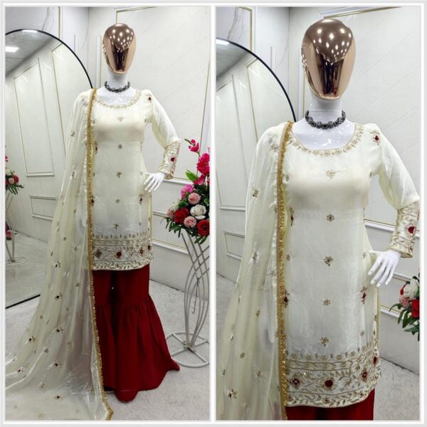Shop Fendy Silk Embroidered Top with Sarara and Dupatta – Fully Stitched Set - Image 2