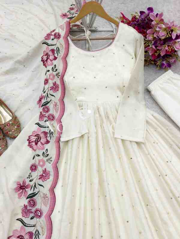 Cinon Silk Embroidered Gown with Pant and Dupatta – Fully Stitched Set - Image 6
