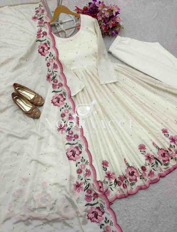 Cinon Silk Embroidered Gown with Pant and Dupatta – Fully Stitched Set - Image 3