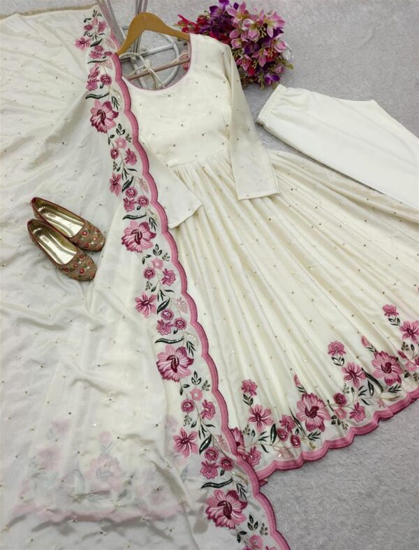 Buy Cinon Silk Embroidered Gown with Pant and Dupatta – Fully Stitched Set - Image 3