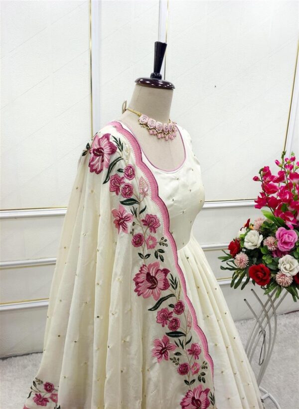 Buy Cinon Silk Embroidered Gown with Pant and Dupatta – Fully Stitched Set - Image 4
