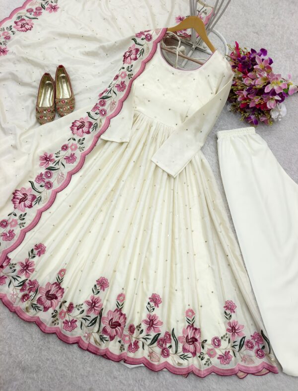Cinon Silk Embroidered Gown with Pant and Dupatta – Fully Stitched Set - Image 5