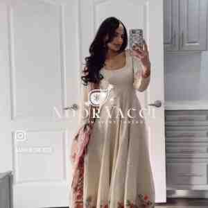 Cinon Silk Embroidered Gown with Pant and Dupatta – Fully Stitched Set