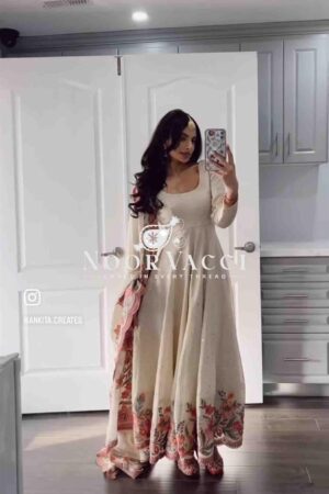 Buy Cinon Silk Embroidered Gown with Pant and Dupatta – Fully Stitched Set