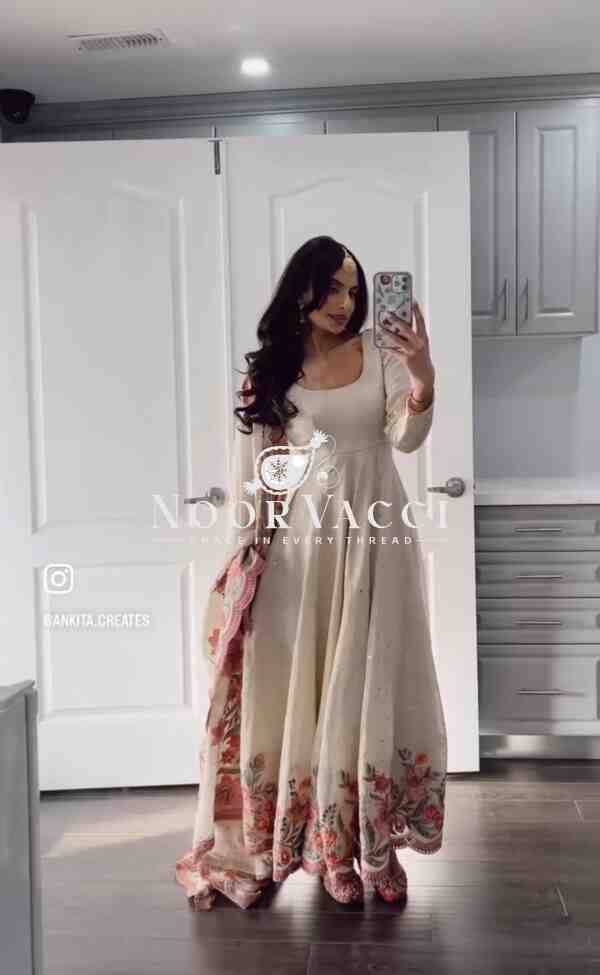 Cinon Silk Embroidered Gown with Pant and Dupatta – Fully Stitched Set