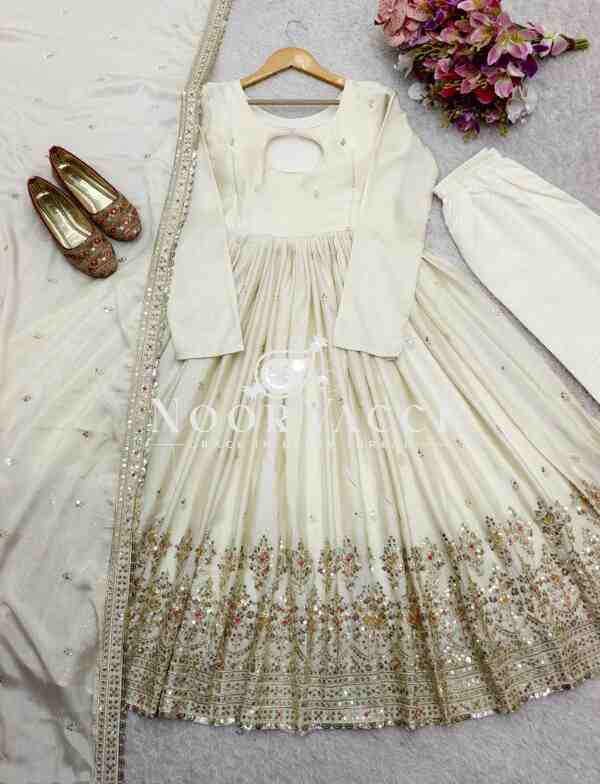 Cinon Silk Embroidered Gown with Bottom and Dupatta – Fully Stitched Set - Image 4