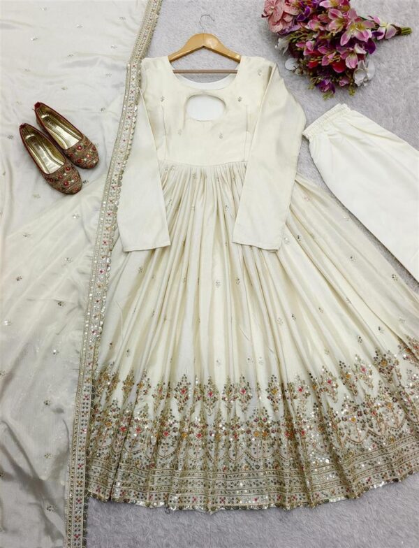 Shop Cinon Silk Embroidered Gown with Bottom and Dupatta – Fully Stitched Set - Image 4