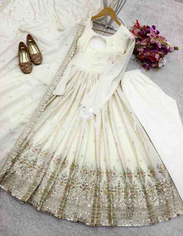 Cinon Silk Embroidered Gown with Bottom and Dupatta – Fully Stitched Set - Image 6