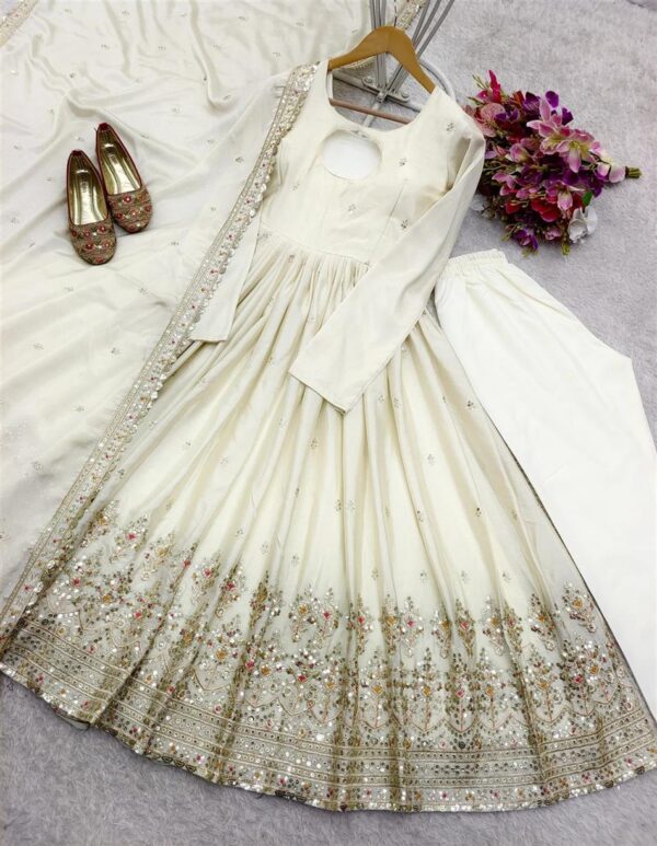 Shop Cinon Silk Embroidered Gown with Bottom and Dupatta – Fully Stitched Set - Image 6
