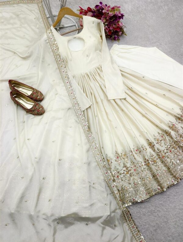 Shop Cinon Silk Embroidered Gown with Bottom and Dupatta – Fully Stitched Set - Image 5