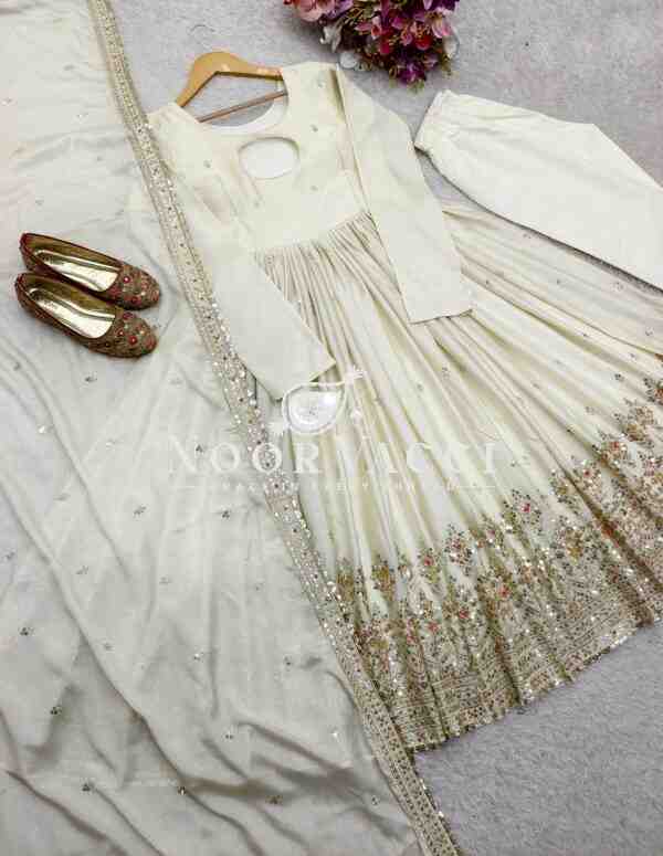 Cinon Silk Embroidered Gown with Bottom and Dupatta – Fully Stitched Set - Image 7