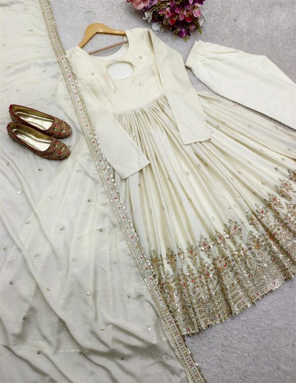 Shop Cinon Silk Embroidered Gown with Bottom and Dupatta – Fully Stitched Set - Image 7