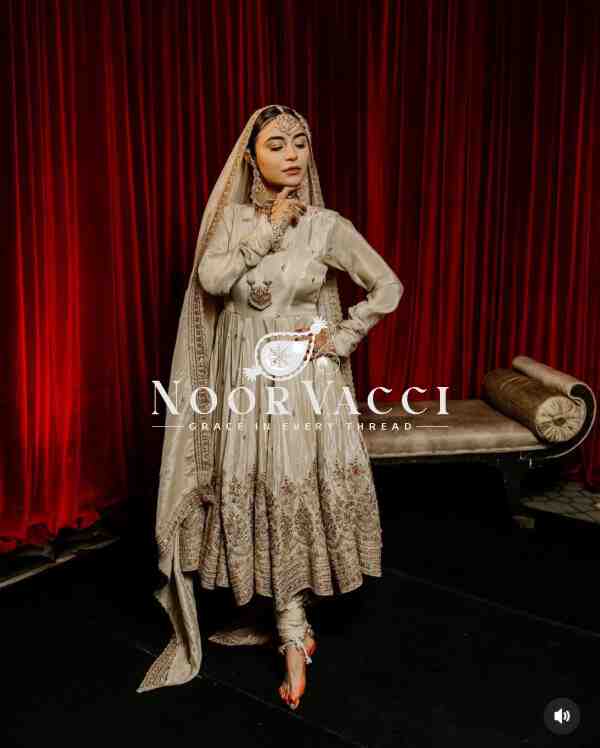 Cinon Silk Embroidered Gown with Bottom and Dupatta – Fully Stitched Set