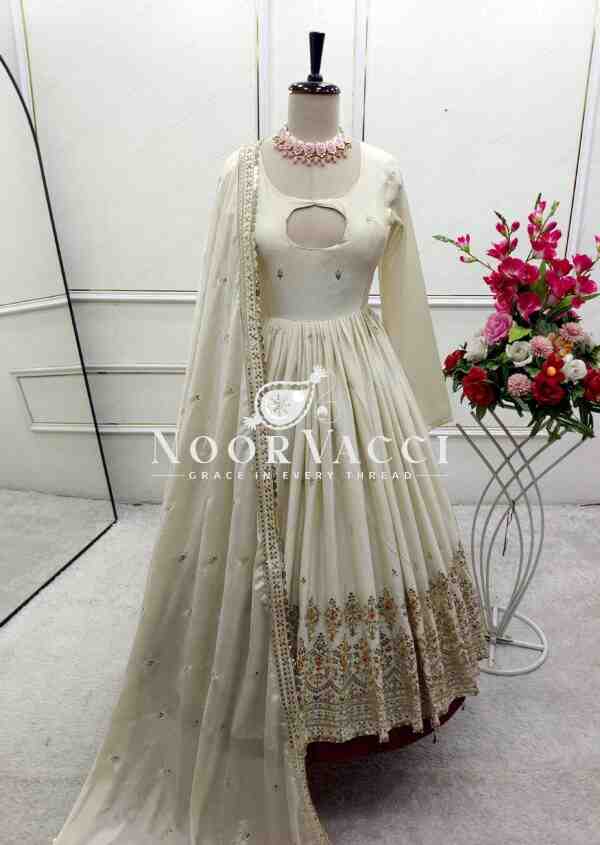 Cinon Silk Embroidered Gown with Bottom and Dupatta – Fully Stitched Set - Image 9