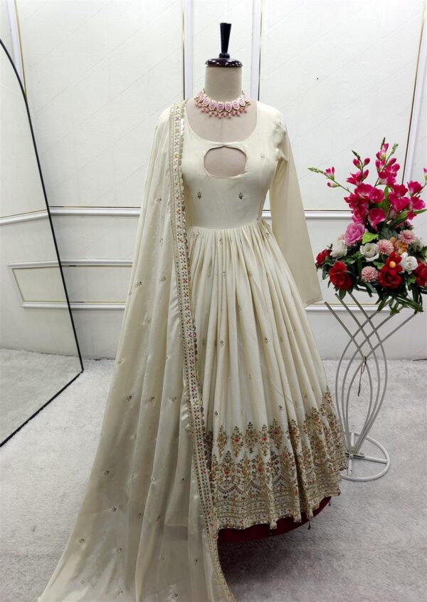 Shop Cinon Silk Embroidered Gown with Bottom and Dupatta – Fully Stitched Set - Image 9