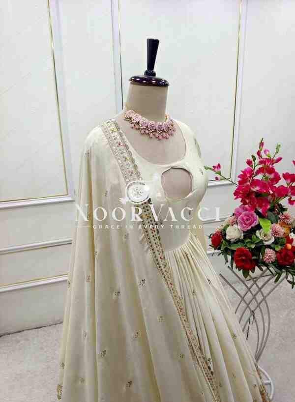 Cinon Silk Embroidered Gown with Bottom and Dupatta – Fully Stitched Set - Image 8