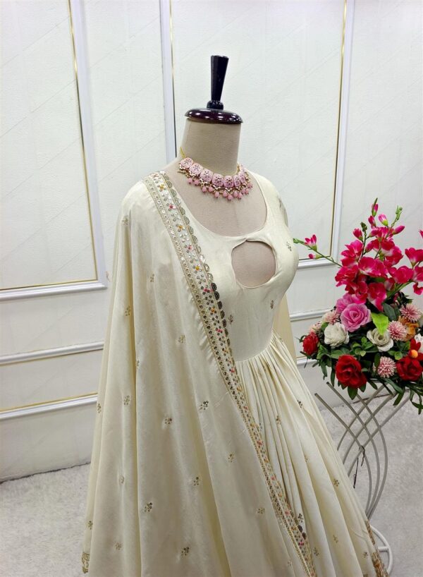 Shop Cinon Silk Embroidered Gown with Bottom and Dupatta – Fully Stitched Set - Image 8