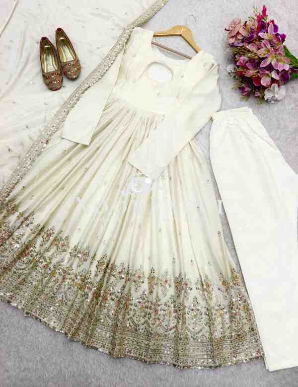 Cinon Silk Embroidered Gown with Bottom and Dupatta – Fully Stitched Set - Image 10
