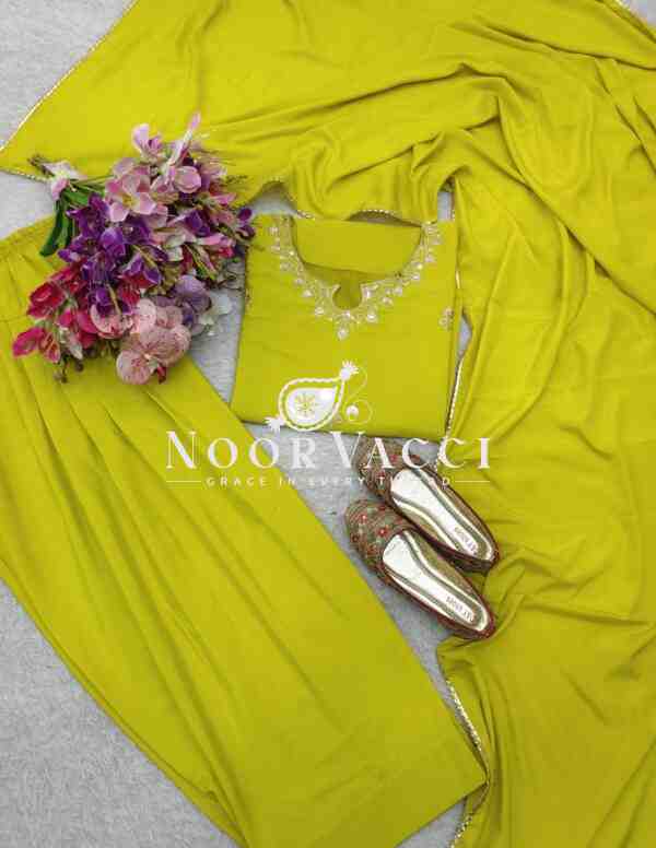 Natural Satin Silk Embroidered Top with Farshi and Dupatta – Fully Stitched Set - Image 3