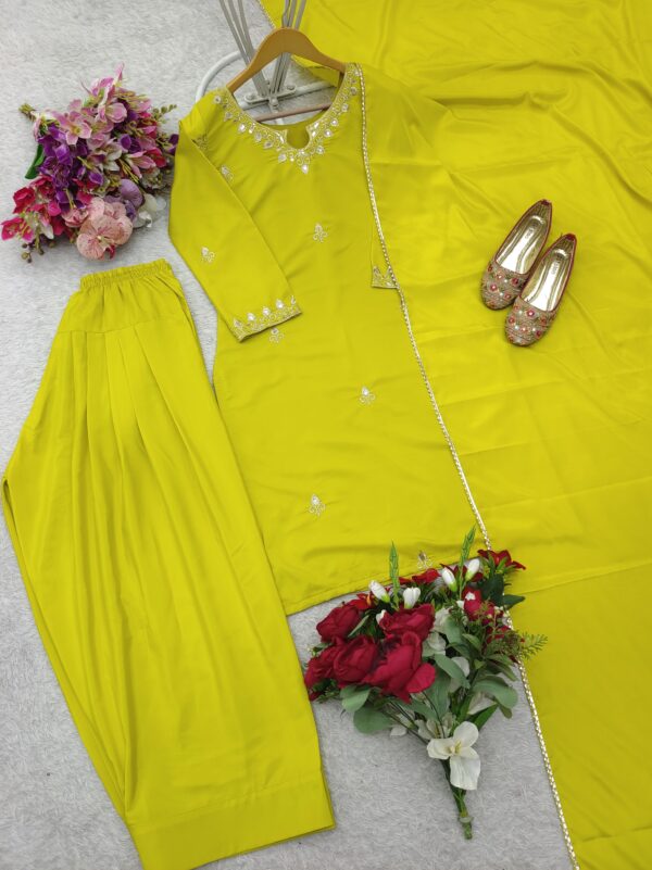Natural Satin Silk Embroidered Top with Farshi and Dupatta – Fully Stitched Set - Image 4