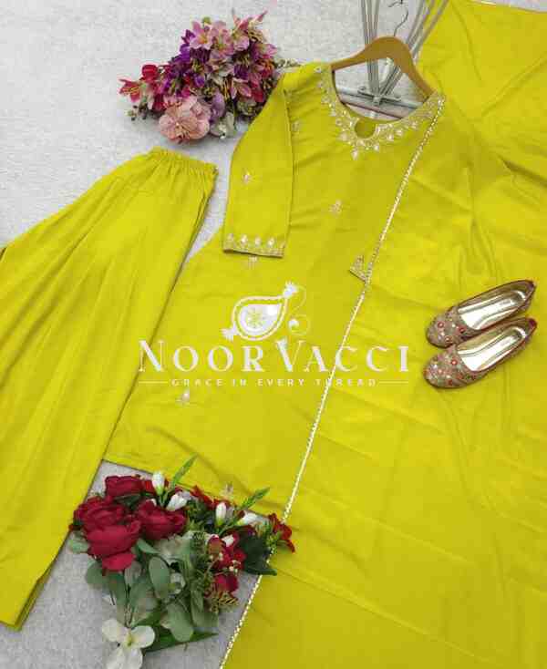 Natural Satin Silk Embroidered Top with Farshi and Dupatta – Fully Stitched Set - Image 5