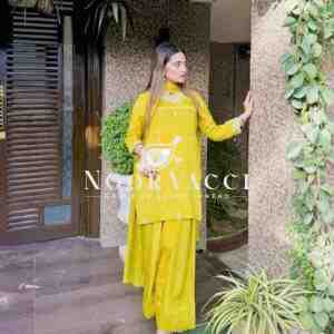 Natural Satin Silk Embroidered Top with Farshi and Dupatta – Fully Stitched Set