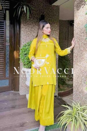 Buy Natural Satin Silk Embroidered Top with Farshi and Dupatta – Fully Stitched Set