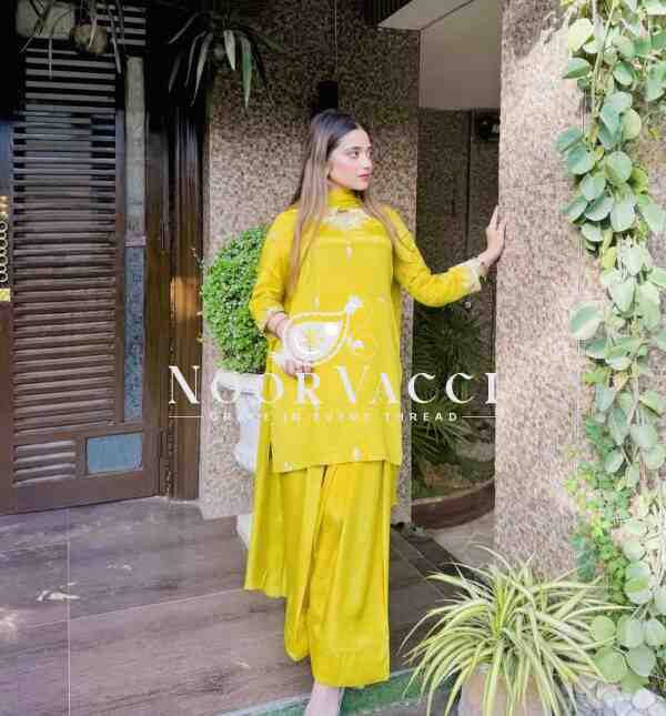 Natural Satin Silk Embroidered Top with Farshi and Dupatta – Fully Stitched Set