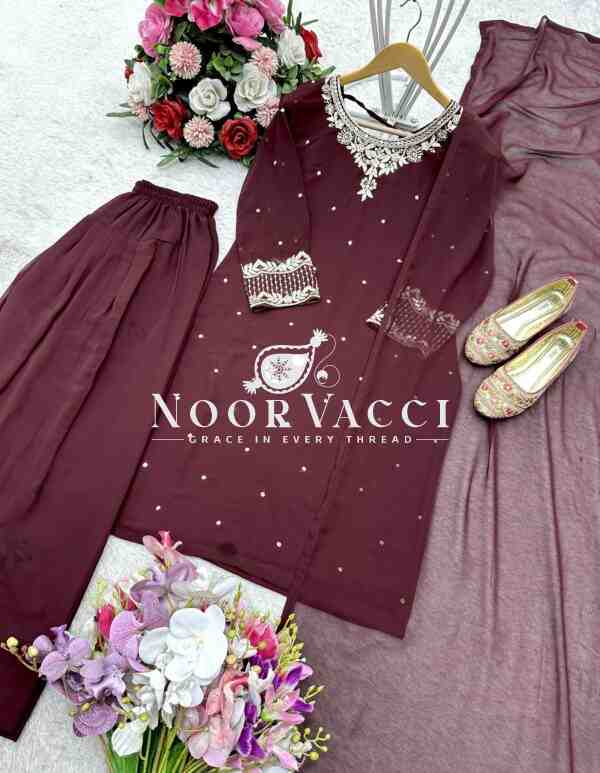 Blooming Georgette Embroidered Top with Farshi and Dupatta – Fully Stitched Set - Image 5
