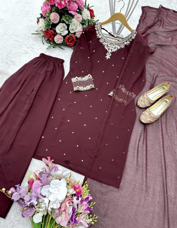 Buy Blooming Georgette Embroidered Top with Farshi and Dupatta – Fully Stitched Set - Image 5