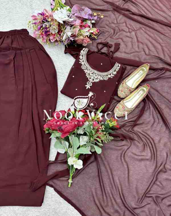 Blooming Georgette Embroidered Top with Farshi and Dupatta – Fully Stitched Set - Image 7