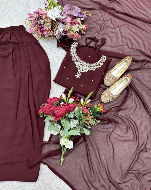 Buy Blooming Georgette Embroidered Top with Farshi and Dupatta – Fully Stitched Set - Image 7