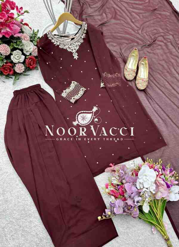Blooming Georgette Embroidered Top with Farshi and Dupatta – Fully Stitched Set - Image 6