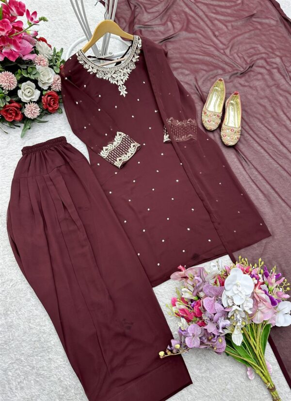 Buy Blooming Georgette Embroidered Top with Farshi and Dupatta – Fully Stitched Set - Image 6