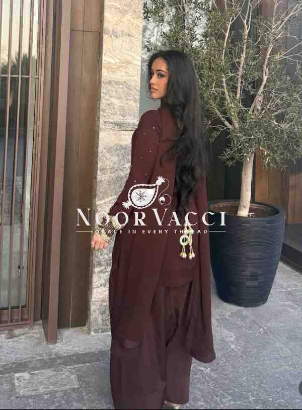 Blooming Georgette Embroidered Top with Farshi and Dupatta – Fully Stitched Set - Image 4