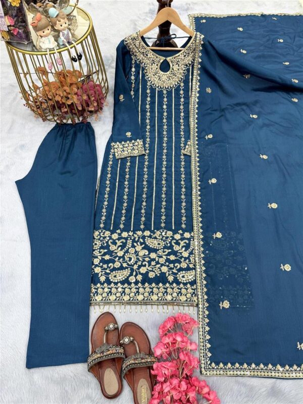 Shop Chinon Silk Embroidered Top, Bottom & Dupatta Set – Party Wear Designer Look - Image 7
