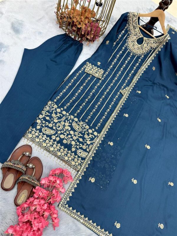 Shop Chinon Silk Embroidered Top, Bottom & Dupatta Set – Party Wear Designer Look - Image 5