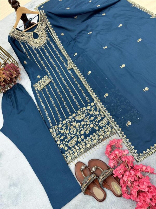 Shop Chinon Silk Embroidered Top, Bottom & Dupatta Set – Party Wear Designer Look - Image 6