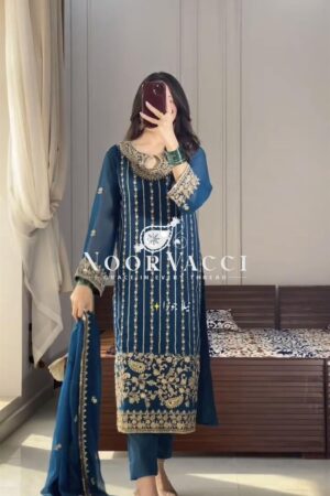 Shop Chinon Silk Embroidered Top, Bottom & Dupatta Set – Party Wear Designer Look