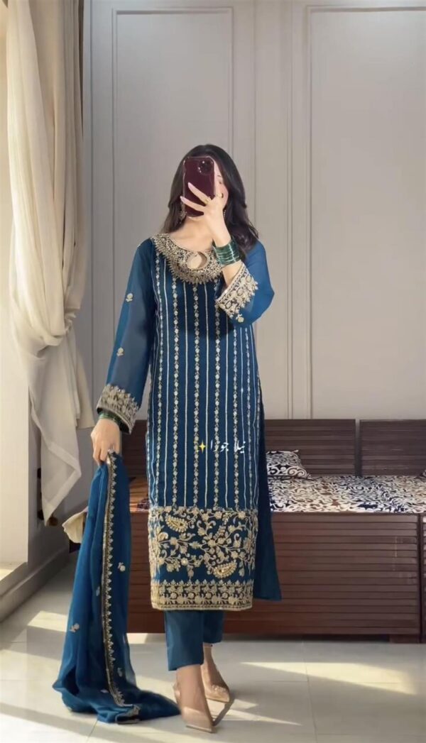 Shop Chinon Silk Embroidered Top, Bottom & Dupatta Set – Party Wear Designer Look
